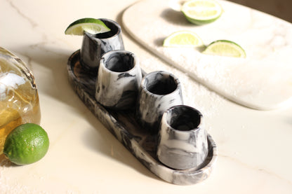 Black & White Marble Mezcalero Shot Glass Set with Tray – 5 Piece Set