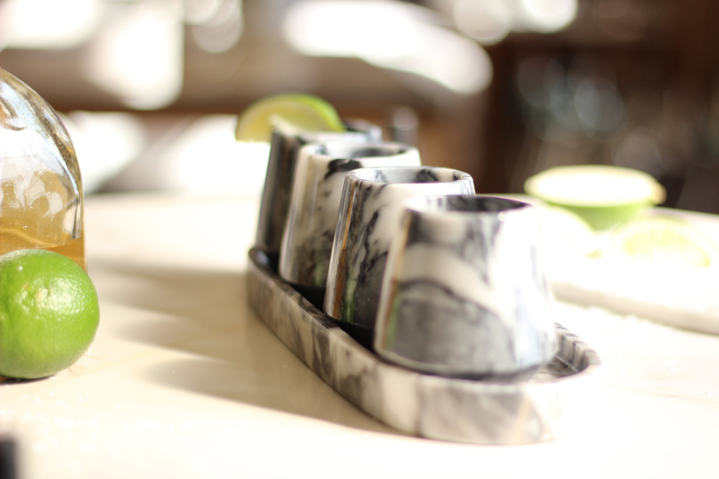 Black & White Marble Mezcalero Shot Glass Set with Tray – 5 Piece Set