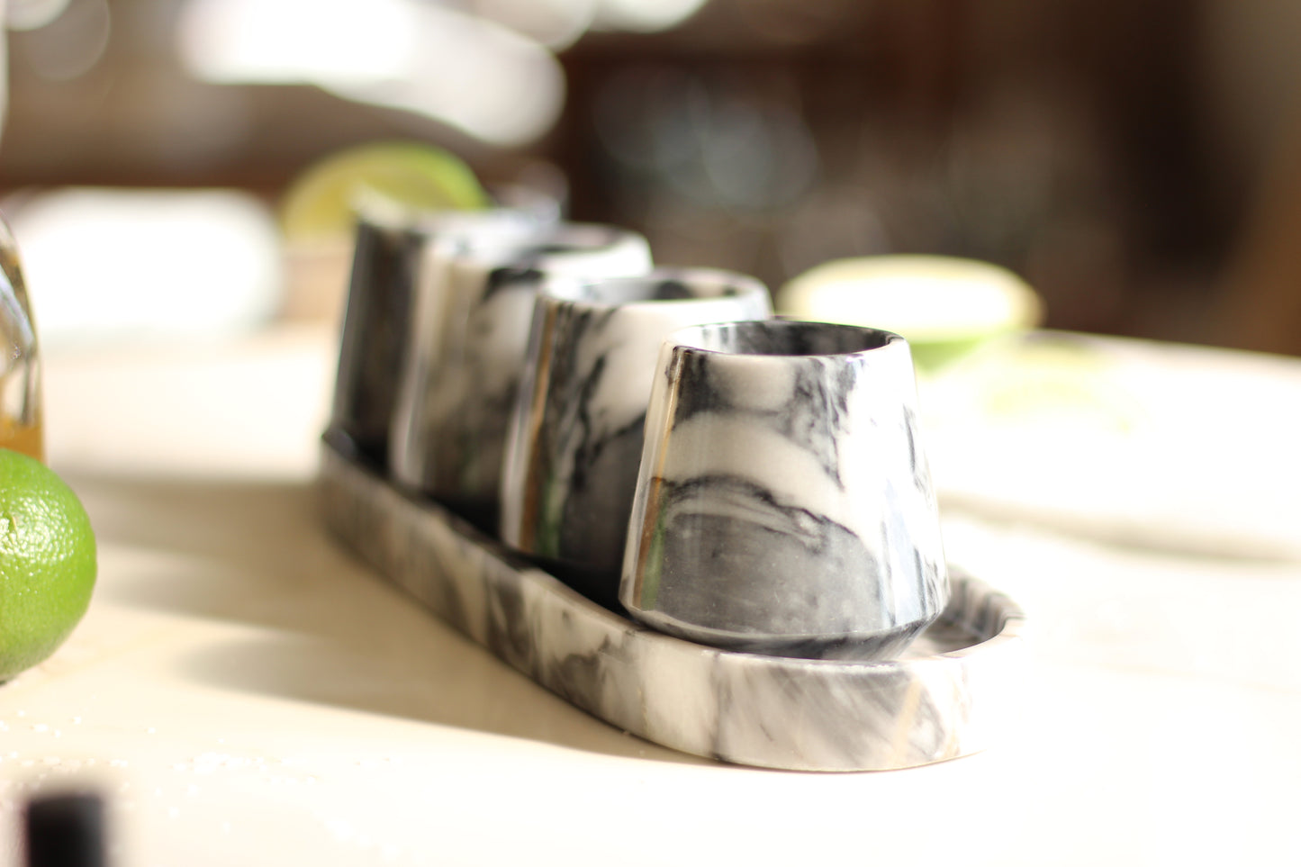 Black & White Marble Mezcalero Shot Glass Set with Tray – 5 Piece Set
