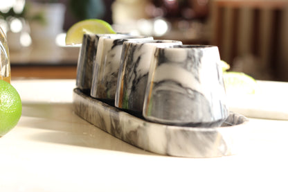 Black & White Marble Mezcalero Shot Glass Set with Tray – 5 Piece Set
