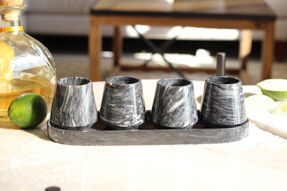 Black & White Marble Mezcalero Shot Glass Set with Tray – 5 Piece Set