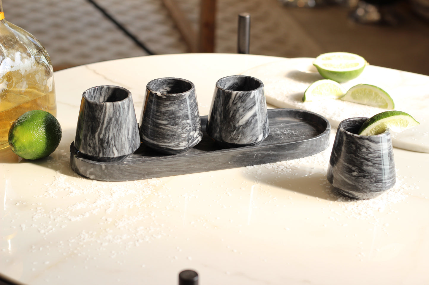 Black & White Marble Mezcalero Shot Glass Set with Tray – 5 Piece Set
