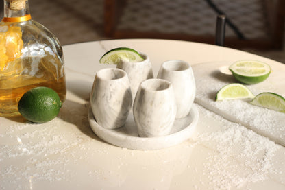 White Marble Mezcal Shot Glass Set with Tray – 5 Piece Set