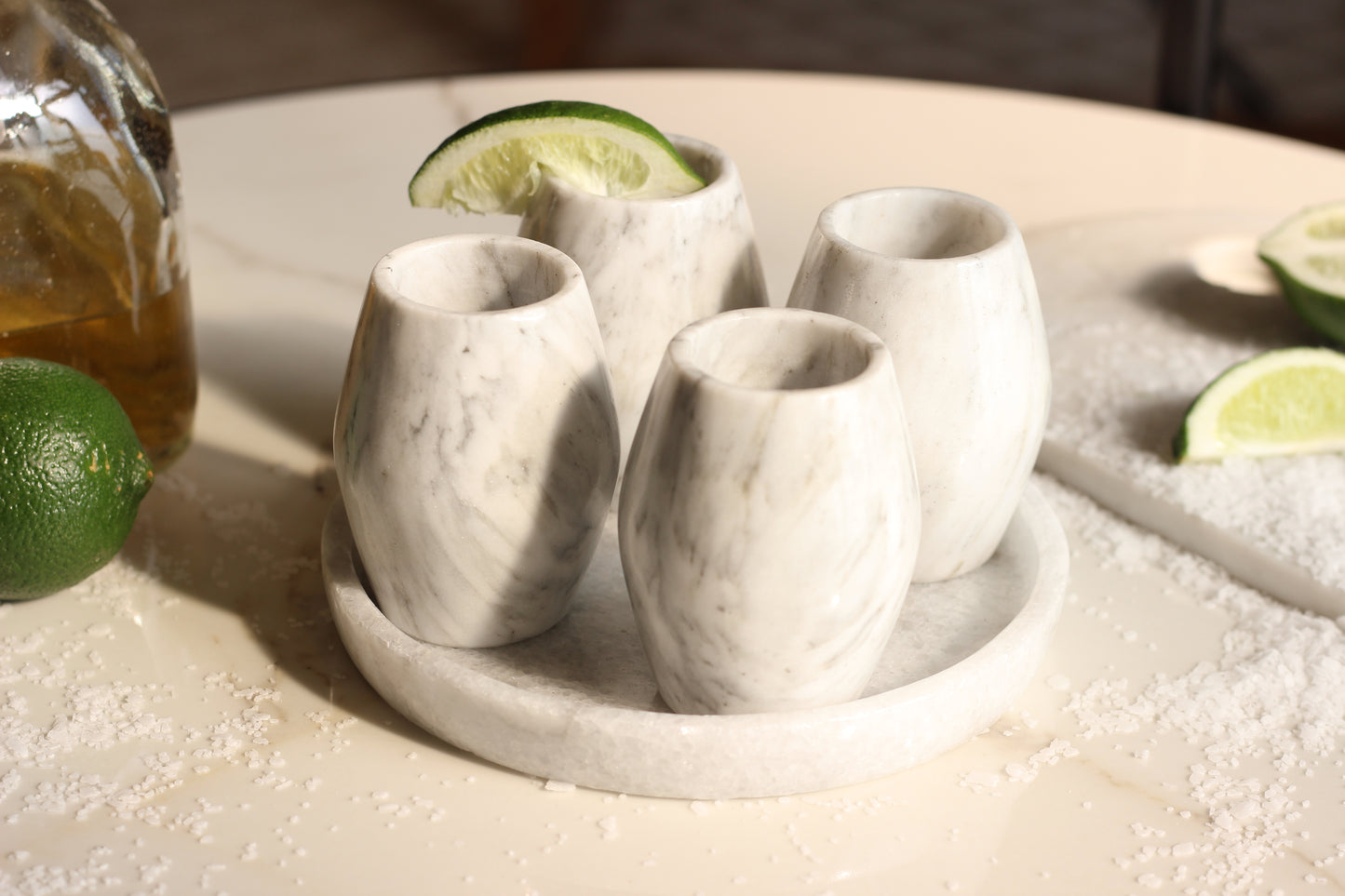 White Marble Mezcal Shot Glass Set with Tray – 5 Piece Set