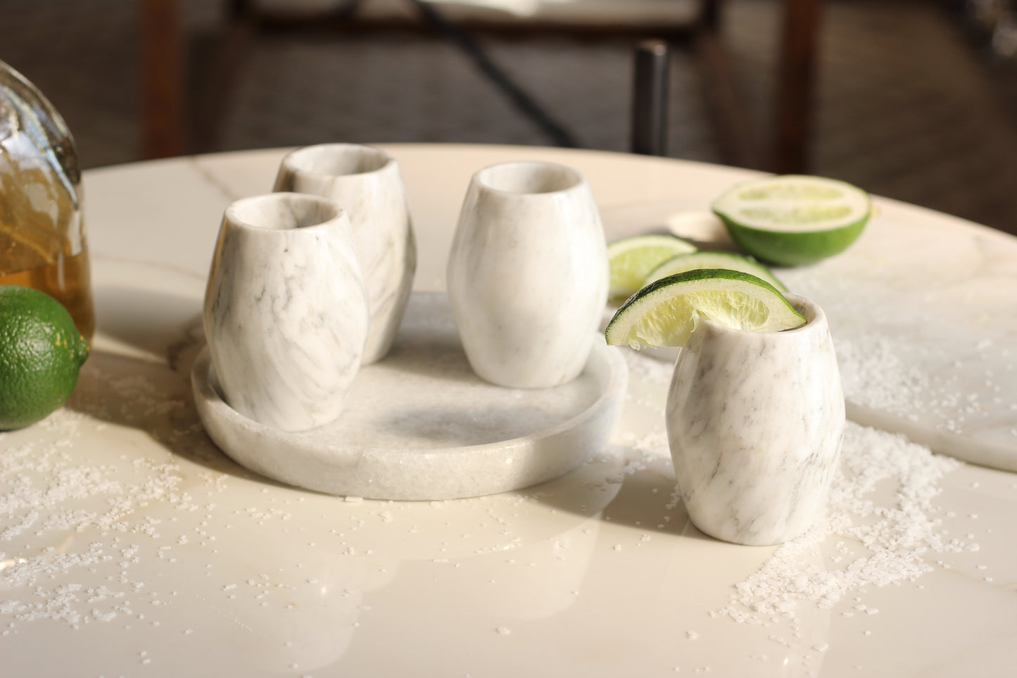 White Marble Mezcal Shot Glass Set with Tray – 5 Piece Set