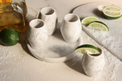White Marble Mezcal Shot Glass Set with Tray – 5 Piece Set