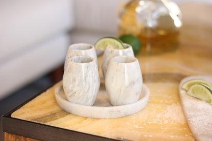 White Marble Mezcal Shot Glass Set with Tray – 5 Piece Set