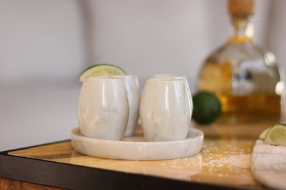 White Marble Mezcal Shot Glass Set with Tray – 5 Piece Set