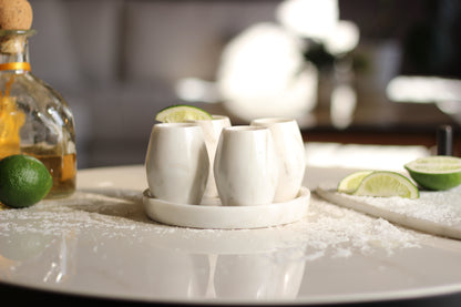 White Marble Mezcal Shot Glass Set with Tray – 5 Piece Set
