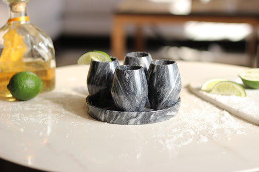 Black Marble Mezcal Shot Glass Set with Tray – 5 Piece Set
