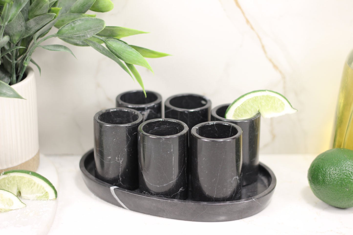 Black Marble Mexican Tequilla Shot Glass Set- 7 Piece Set