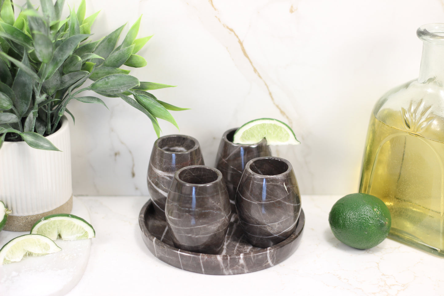 Brown Marble Mezcal Shot Glass Set with Tray – 5 Piece Set