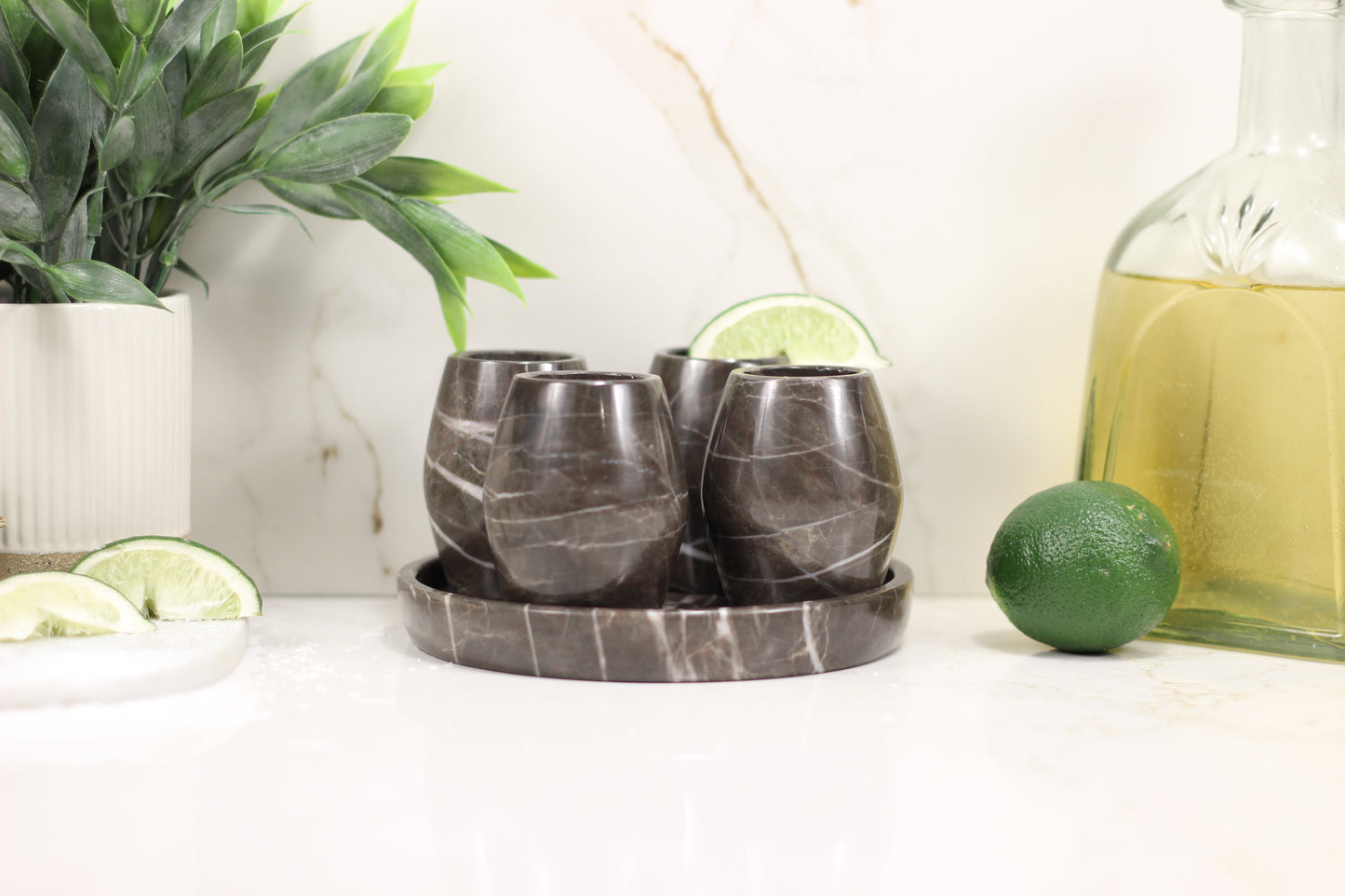 Brown Marble Mezcal Shot Glass Set with Tray – 5 Piece Set