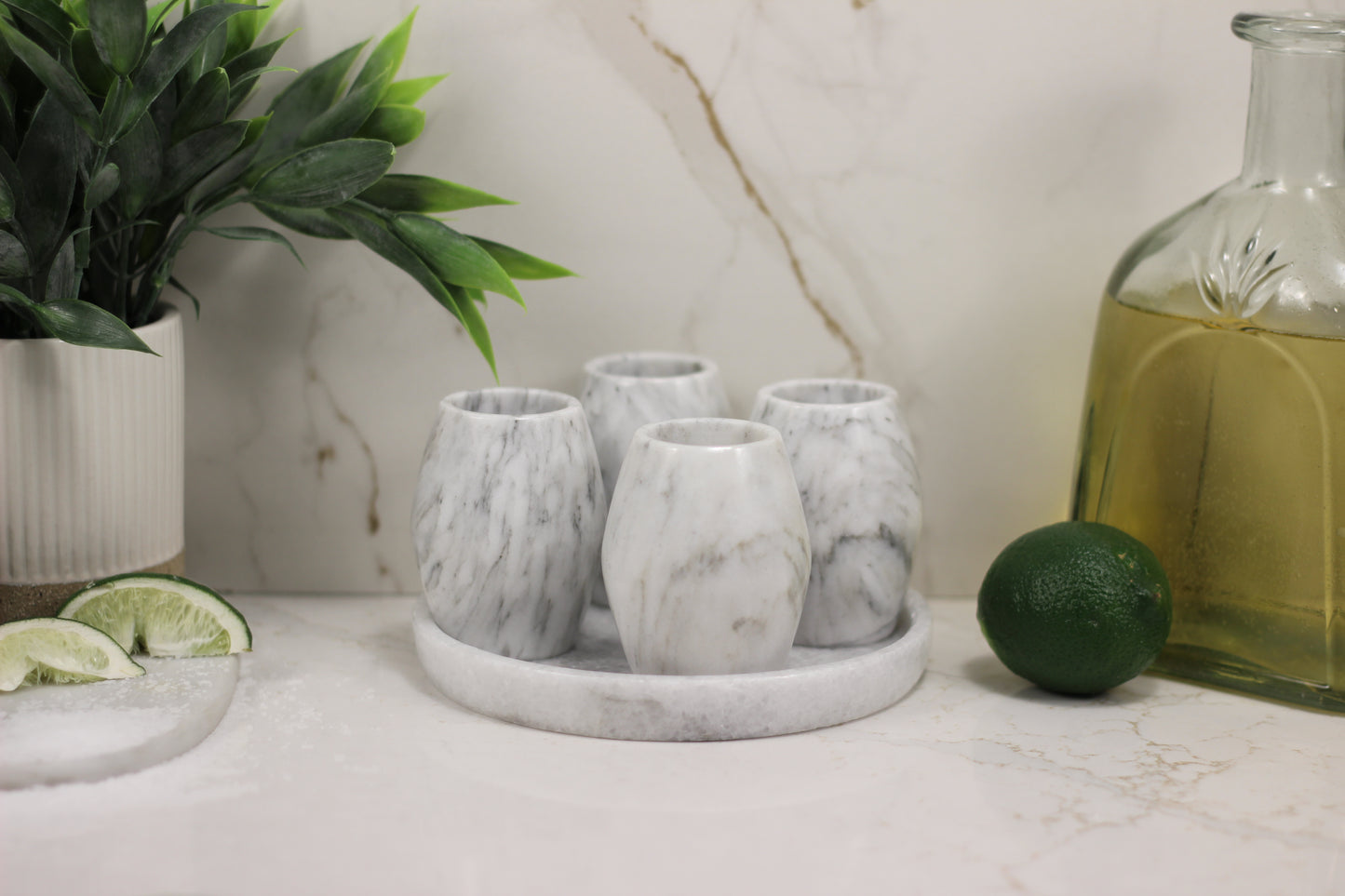 White Marble Mezcal Shot Glass Set with Tray – 5 Piece Set