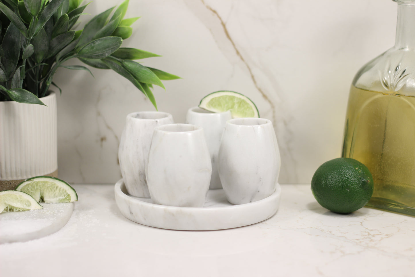 White Marble Mezcal Shot Glass Set with Tray – 5 Piece Set