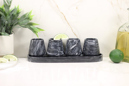 Black & White Marble Mezcalero Shot Glass Set with Tray – 5 Piece Set
