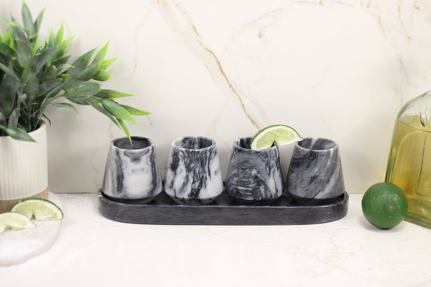 Black & White Marble Mezcalero Shot Glass Set with Tray – 5 Piece Set