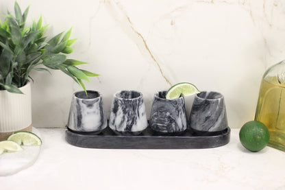 Black & White Marble Mezcalero Shot Glass Set with Tray – 5 Piece Set