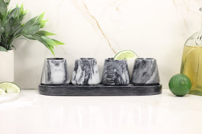 Black & White Marble Mezcalero Shot Glass Set with Tray – 5 Piece Set