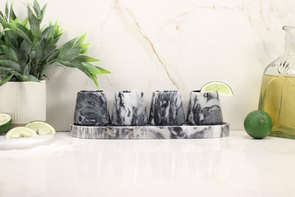 Black & White Marble Mezcalero Shot Glass Set with Tray – 5 Piece Set