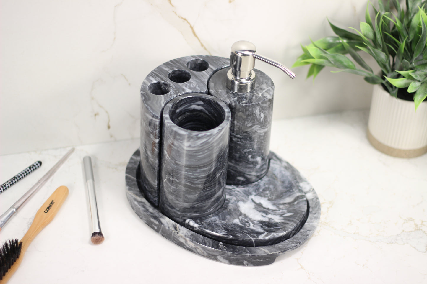 White & Black Marble Bathroom Accessory Set – 5 Piece Handcrafted Set
