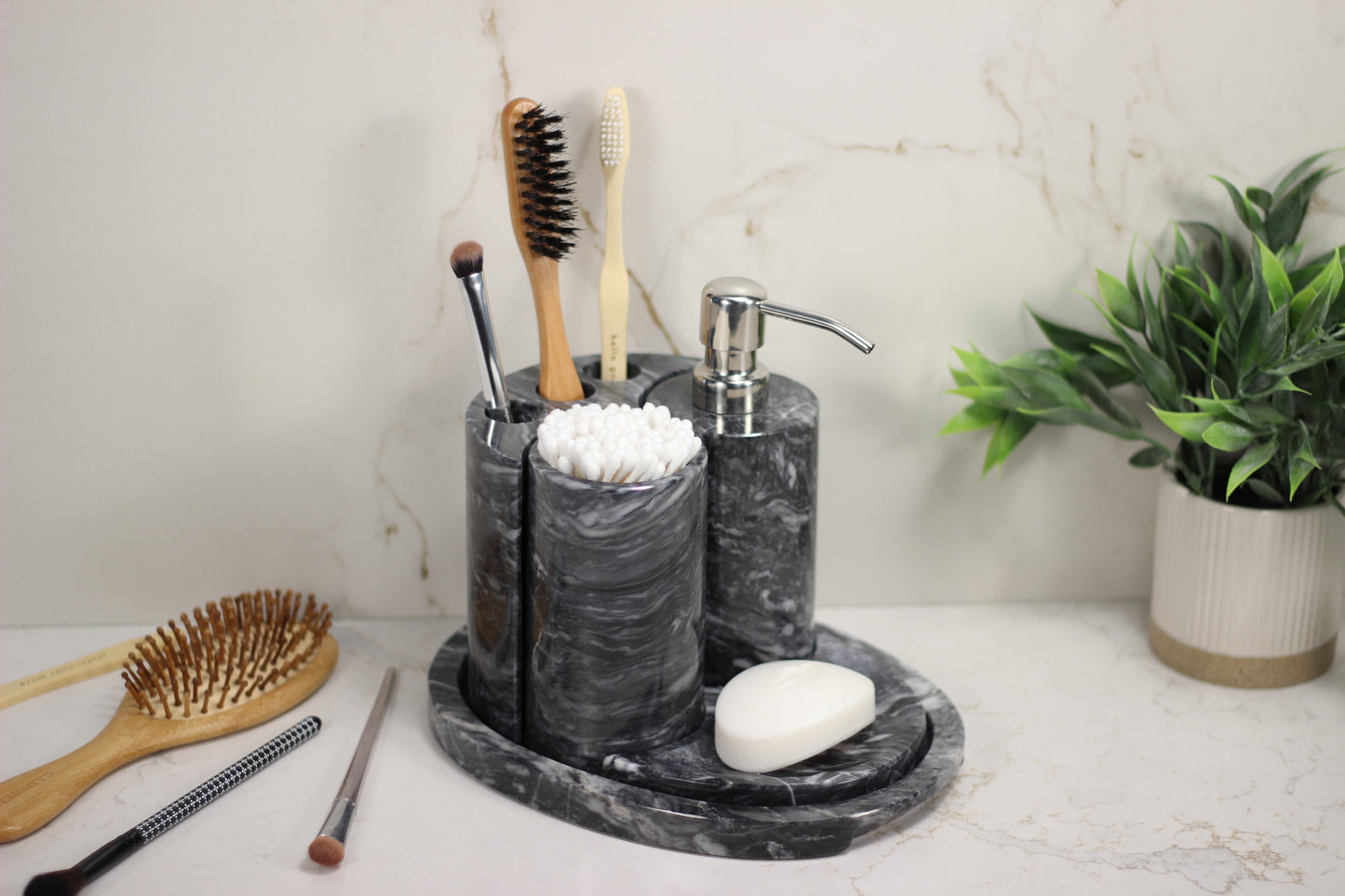 White & Black Marble Bathroom Accessory Set – 5 Piece Handcrafted Set