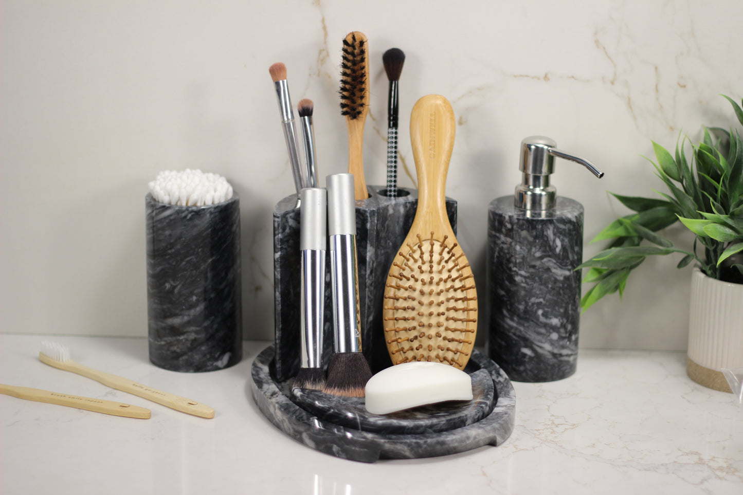 White & Black Marble Bathroom Accessory Set – 5 Piece Handcrafted Set