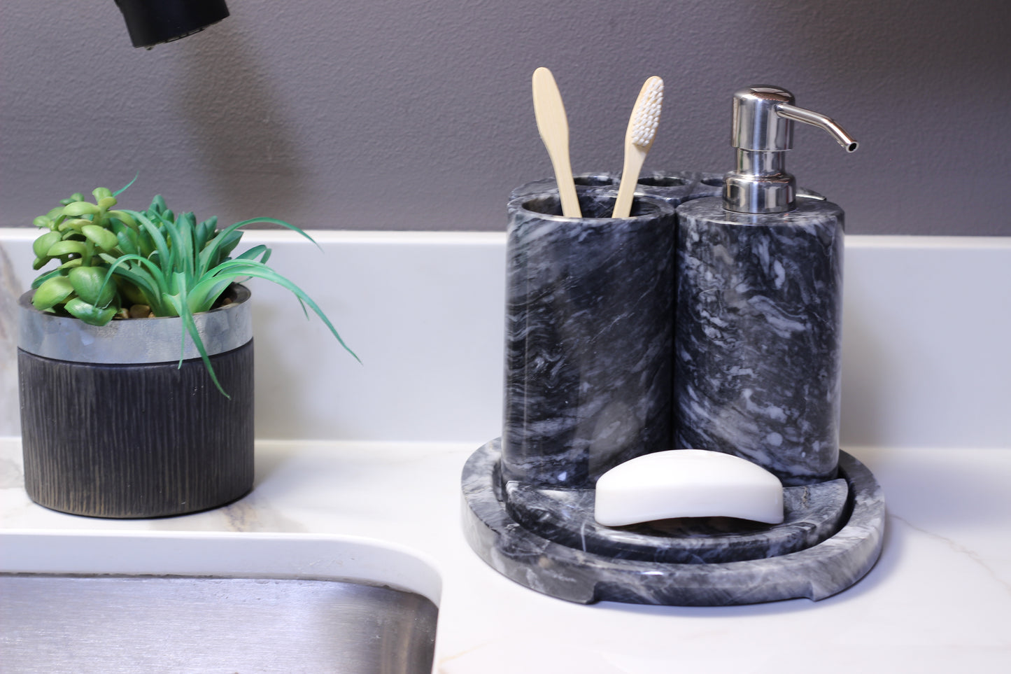White & Black Marble Bathroom Accessory Set – 5 Piece Handcrafted Set