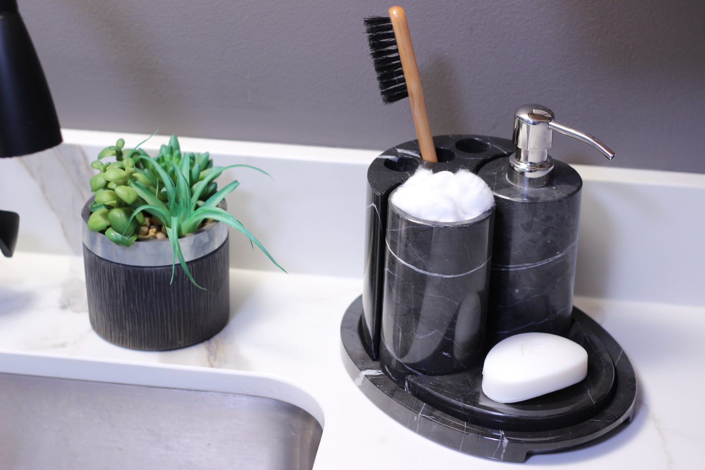 Black Marble Bathroom Accessory Set – 5 Piece Handcrafted Set