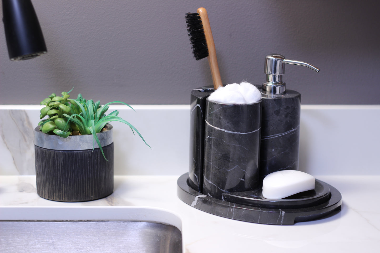 Black Marble Bathroom Accessory Set – 5 Piece Handcrafted Set