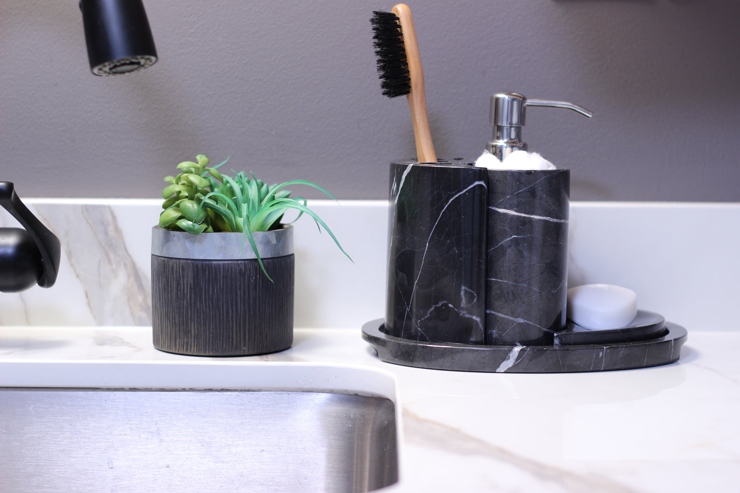 Black Marble Bathroom Accessory Set – 5 Piece Handcrafted Set