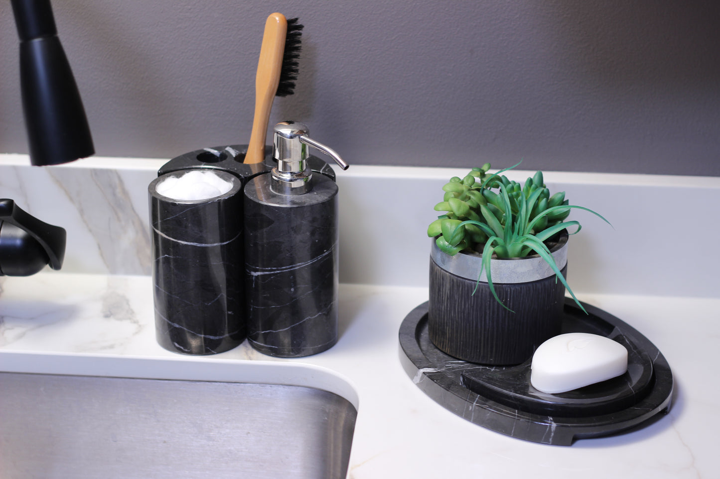 Black Marble Bathroom Accessory Set – 5 Piece Handcrafted Set