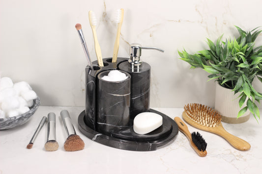Black Marble Bathroom Accessory Set – 5 Piece Handcrafted Set