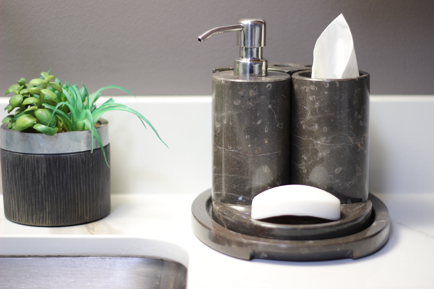 Brown Marble Bathroom Accessory Set – 5 Piece Handcrafted Set