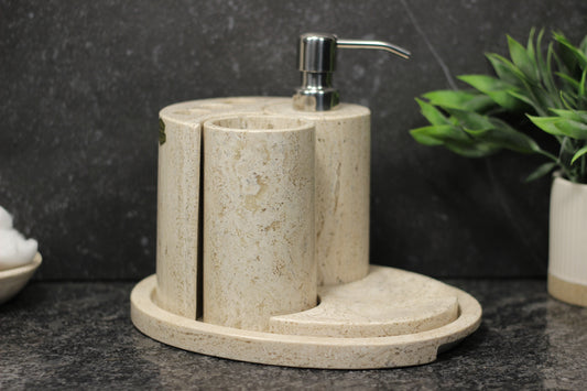 Natural Travertino Bathroom Accessory Set – 5 Piece Handcrafted Set
