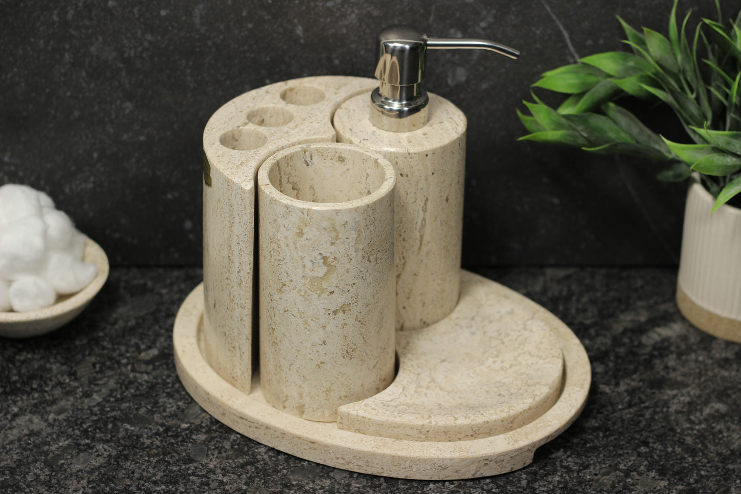 Natural Travertino Bathroom Accessory Set – 5 Piece Handcrafted Set