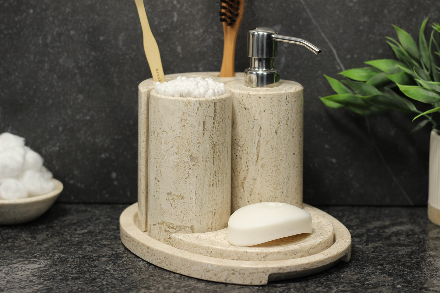 Natural Travertino Bathroom Accessory Set – 5 Piece Handcrafted Set