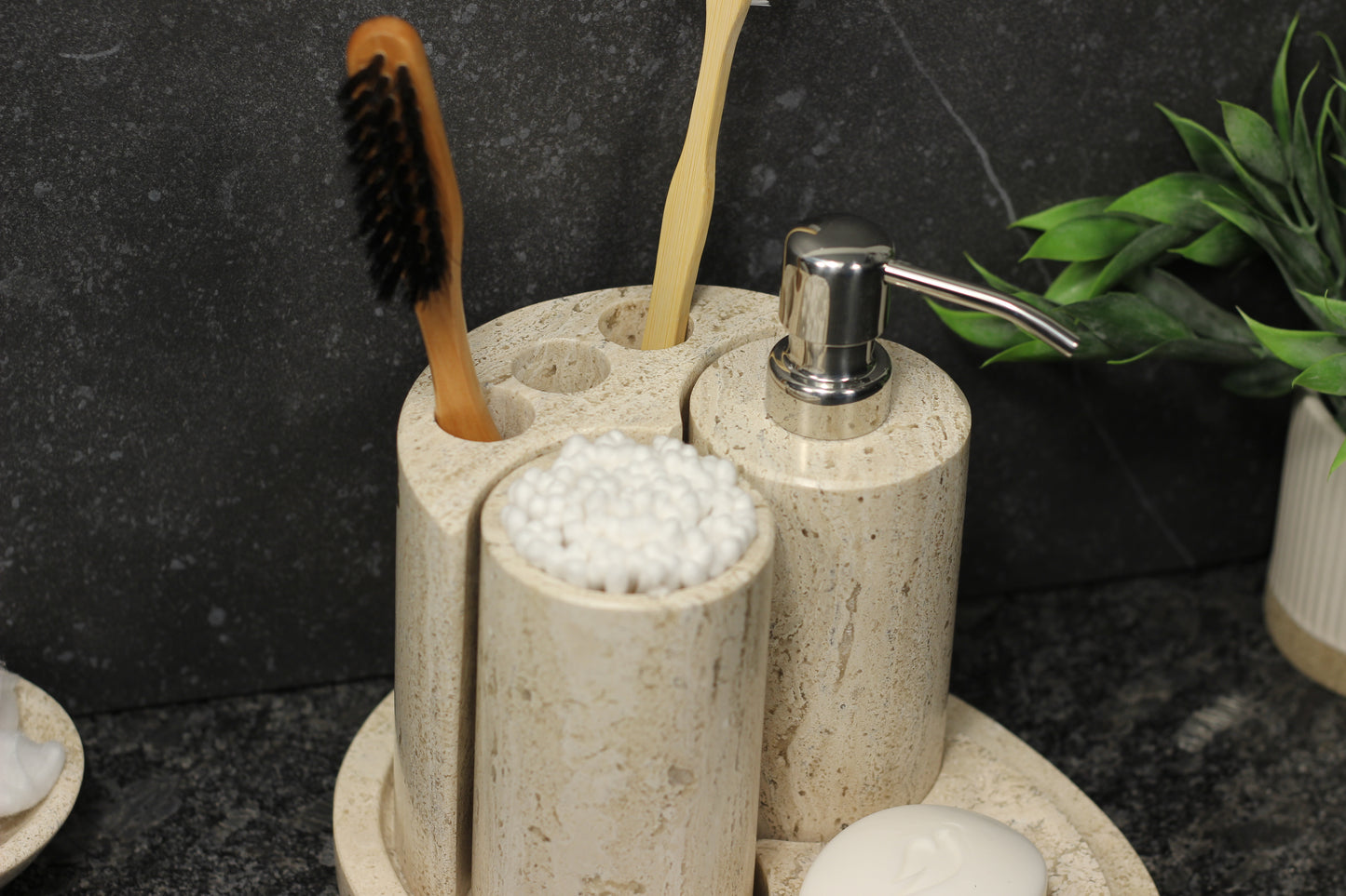 Natural Travertino Bathroom Accessory Set – 5 Piece Handcrafted Set