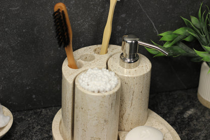 Natural Travertino Bathroom Accessory Set – 5 Piece Handcrafted Set