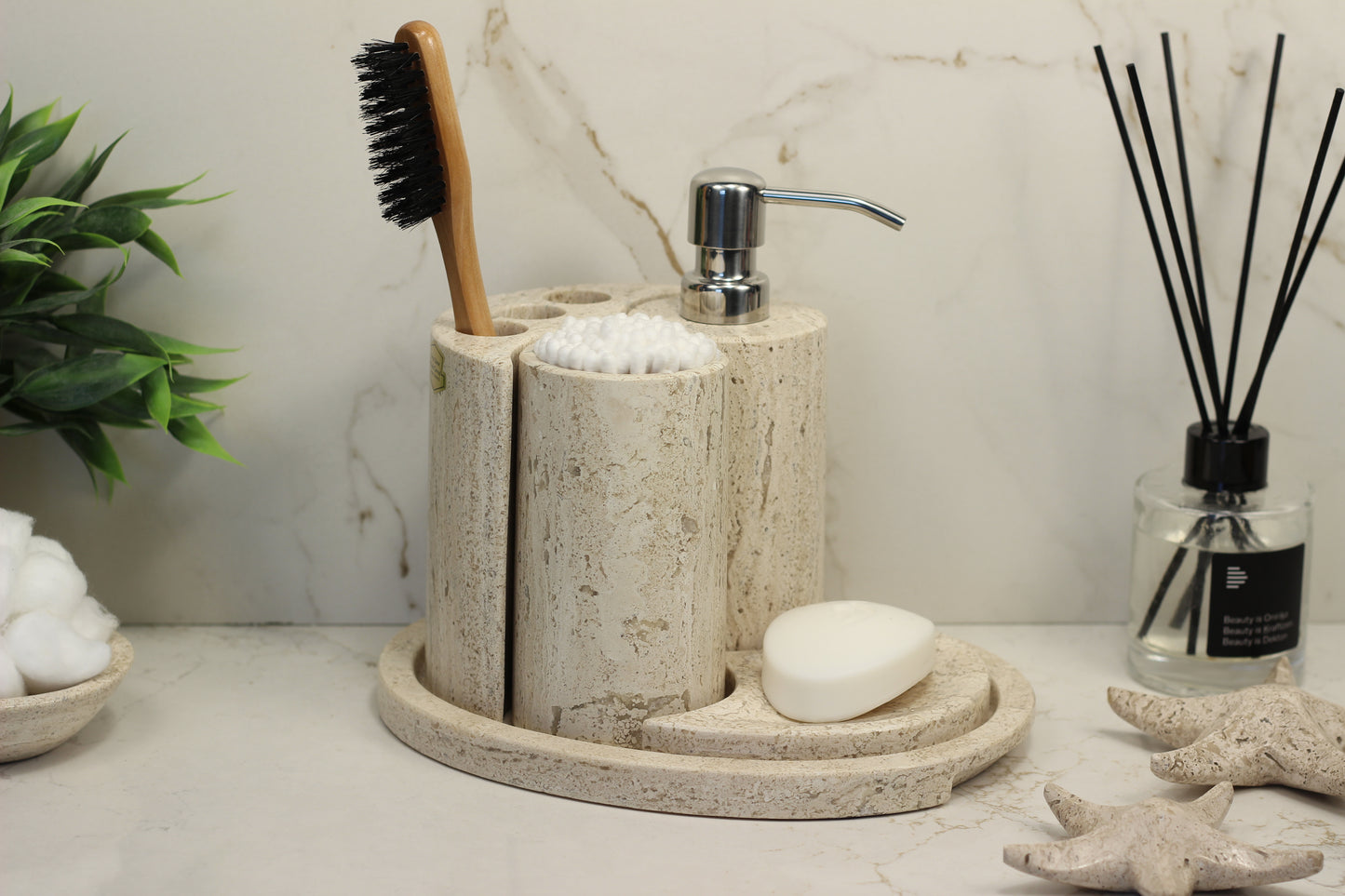 Natural Travertino Bathroom Accessory Set – 5 Piece Handcrafted Set