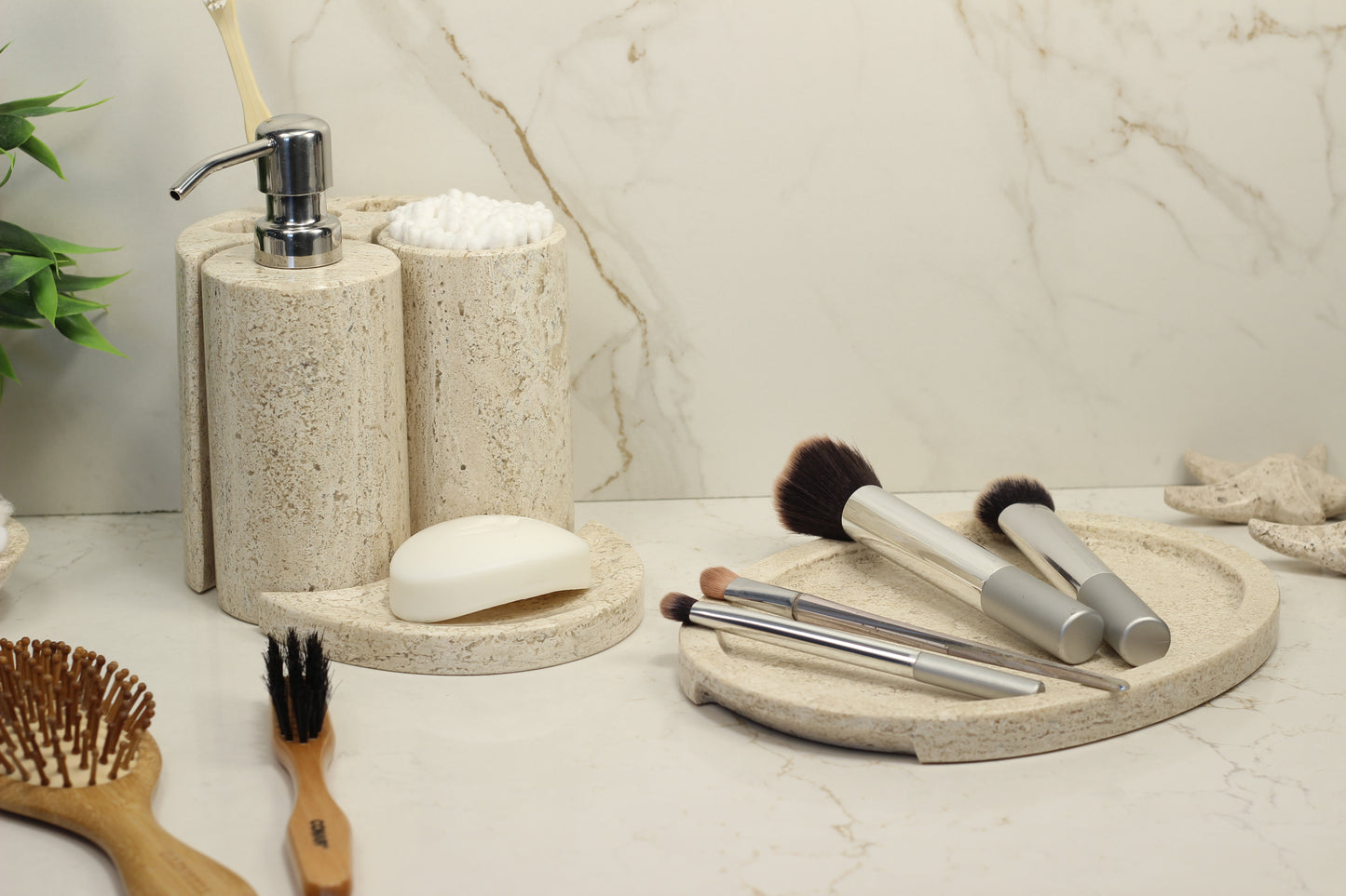 Natural Travertino Bathroom Accessory Set – 5 Piece Handcrafted Set