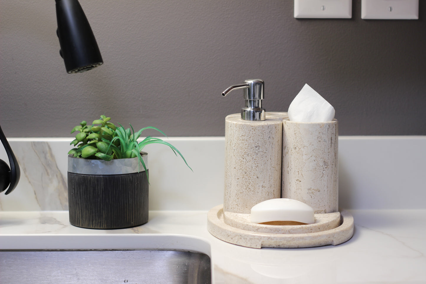 Natural Travertino Bathroom Accessory Set – 5 Piece Handcrafted Set