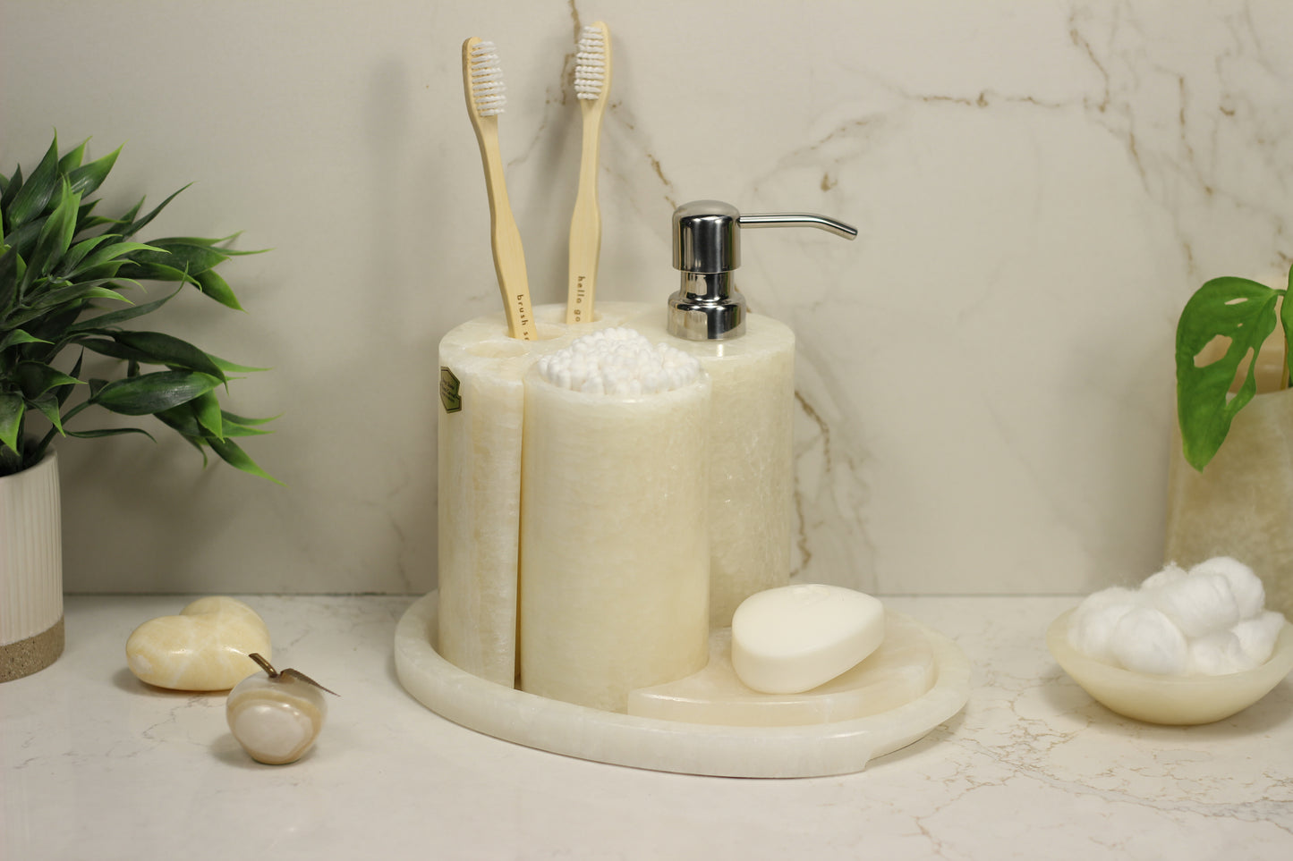 Cream Onyx Bathroom Accessory Set – 5 Piece Handcrafted Set