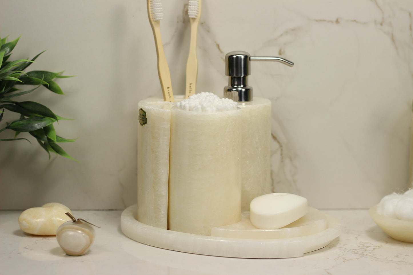 Cream Onyx Bathroom Accessory Set – 5 Piece Handcrafted Set