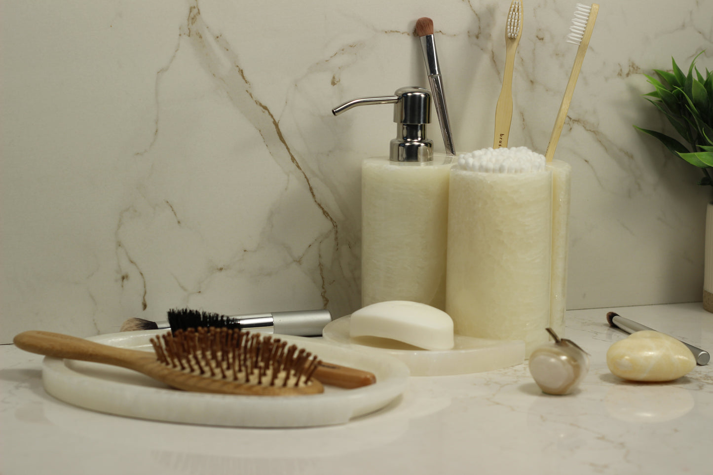 Cream Onyx Bathroom Accessory Set – 5 Piece Handcrafted Set