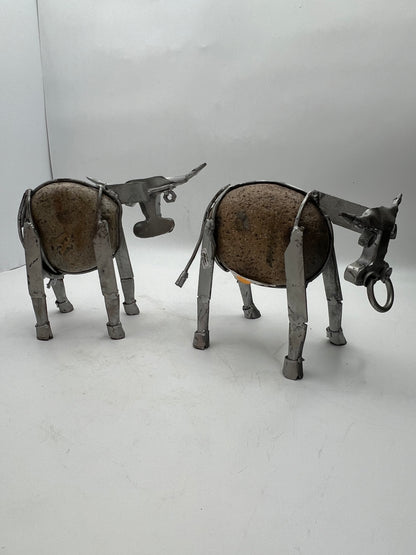 2pc Steel & Stone Bull Figurine Set