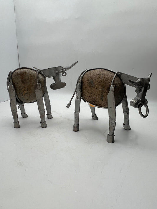 2pc Steel & Stone Bull Figurine Set