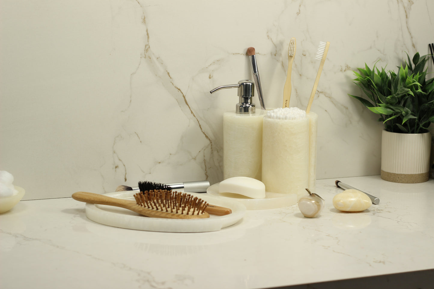 Cream Onyx Bathroom Accessory Set – 5 Piece Handcrafted Set