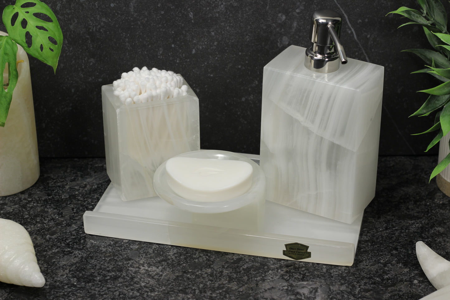 Translucent Onyx Bathroom Accessory Set – 4 Piece Handcrafted Set