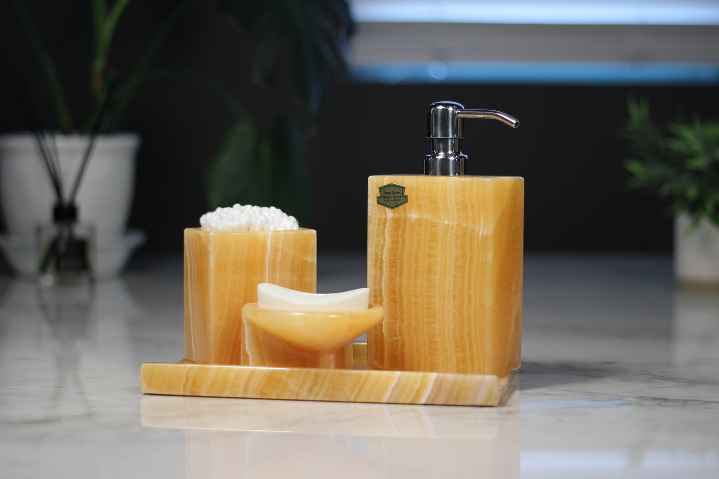 Honey Onyx Bathroom Accessory Set – 4 Piece Handcrafted Set